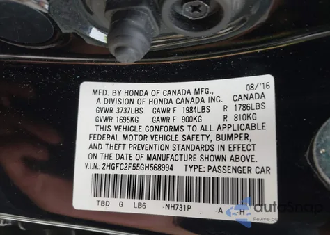 2016 Honda Civic Lx z USA, uszkodzony, nr VIN 2HGFC2F55GH568994